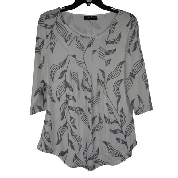 Bon Apple Tea Women's White & Gray 3/4 Leaf Printed Top M - Picture 1 of 7